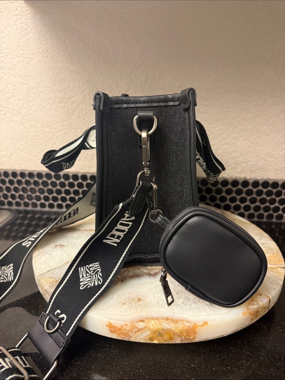 Steve Madden Bwebber Small Pebbled Crossbody Tote Black Logo Bag - Picture 5 of 12